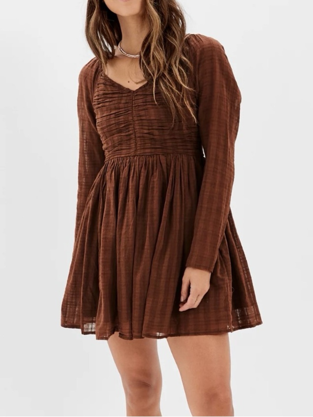 American Eagle AE Ruched Long Sleeve Mini Dress Size L 100% Cotton Boho Cottage